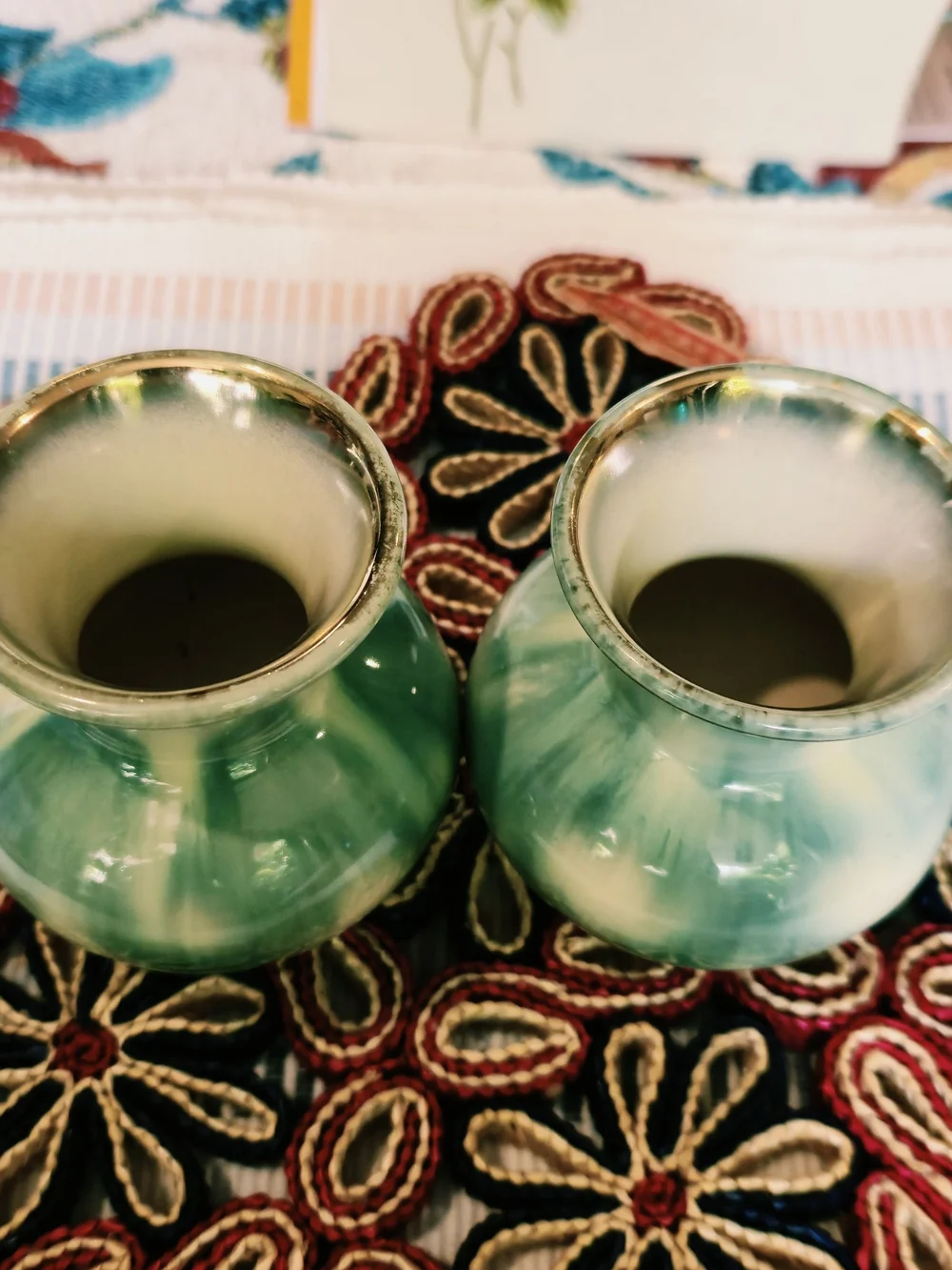 Vintage,Green and Cream Ceramic Decorative Vases - Pair